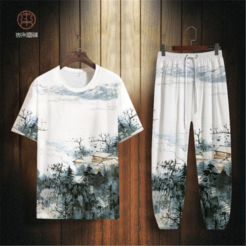 

Chinese style bamboo leaf crane digital print short sleeve t shirt Summer New quality hollow breathable luxury t shirt men S-6XL