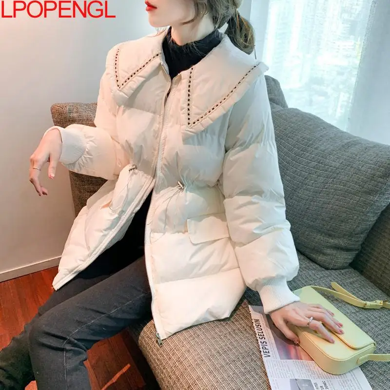 

Женская зимняя куртка из полиэстера на молнии, облегающее однотонное пальто с подкладкой и кукольным воротником, теплая Женская парка, женс...