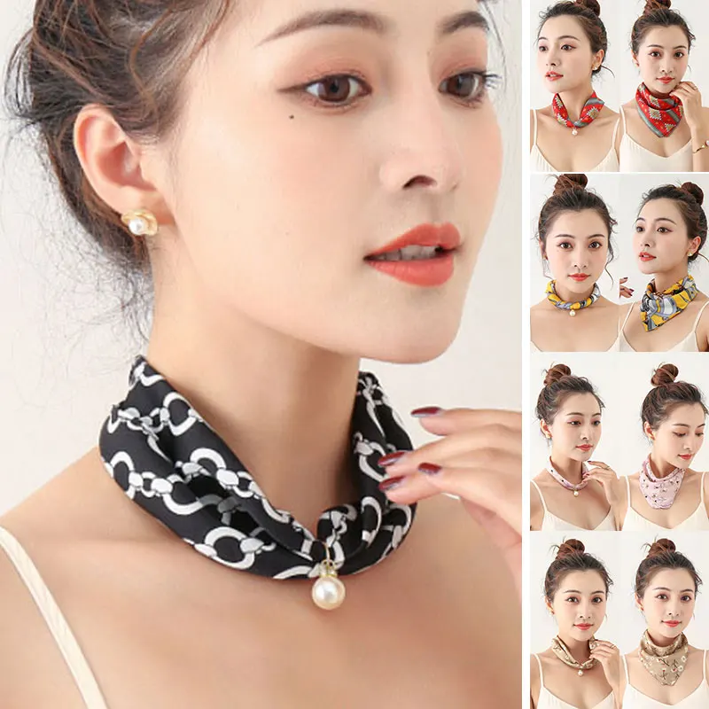 

Pearl Pendant Printed Silk Scarf Necklace Fashionable Durable Cute for Women Men LL@17