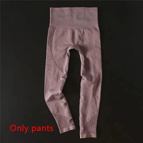 Purple pants 2 шт., бесшовный комплект для йоги, бюстгальтер на бретельках, леггинсы с высокой талией, женская одежда для тренажерного зала, фитнеса, тренировок, комплект леггинсов для йоги, спортивная одежда для бега - Цвет: Purple pants