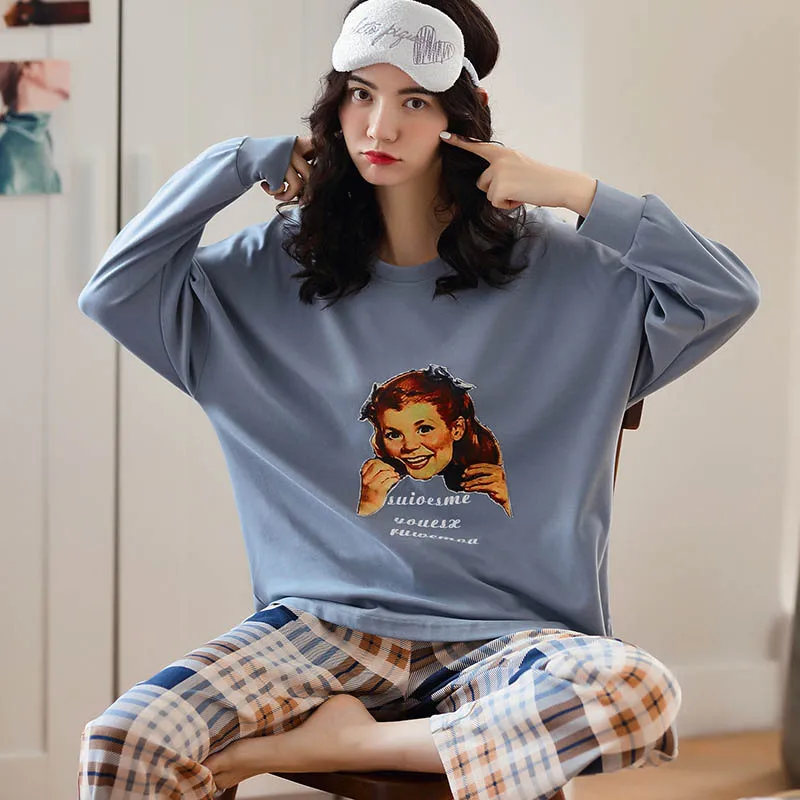 Женские пижамы новые хлопковые с принтом 2 шт. длинные рукава и брюки свободные