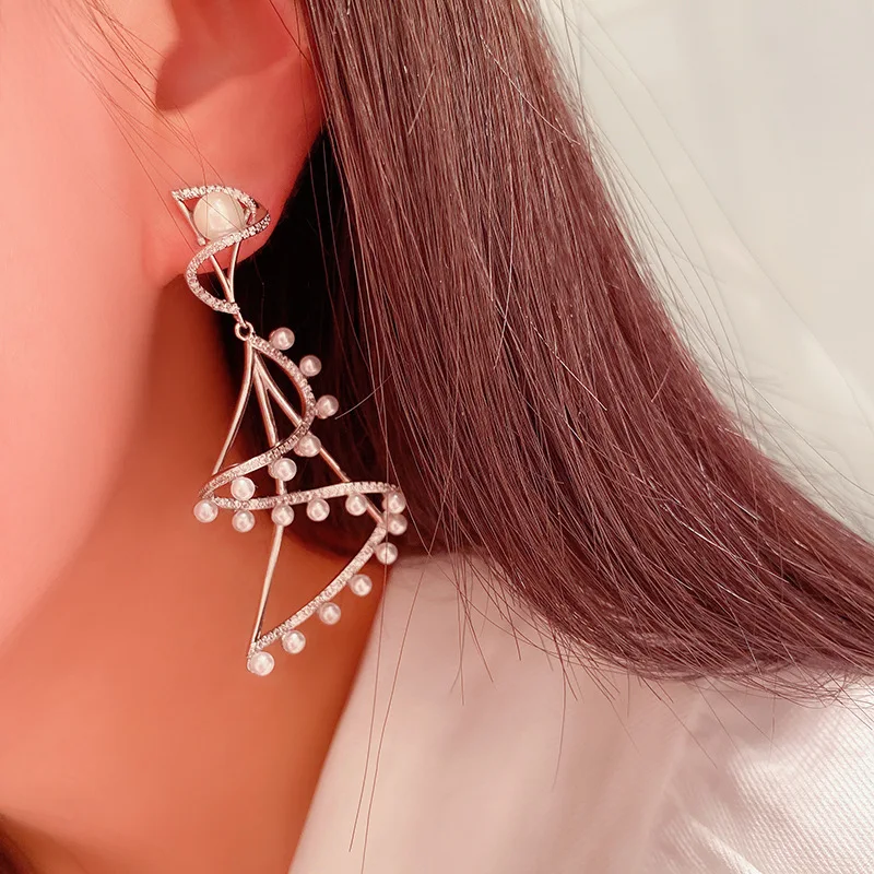 

Pearl lace earrings 925 silver needle female niche design retro pearl tassel earrings simple earrings long