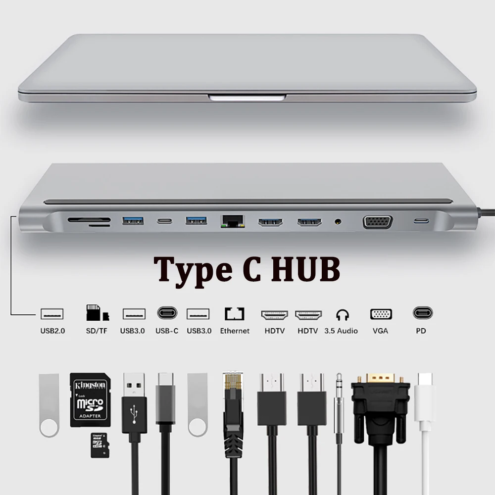 

USB C Hub Type-C To 3.5 Jack Aux HDMI 4K 1080P VGA USB-C Docking Station RJ45 SD TF USB 3.0 PD Fast Charging 12 in 1 Type C HUB