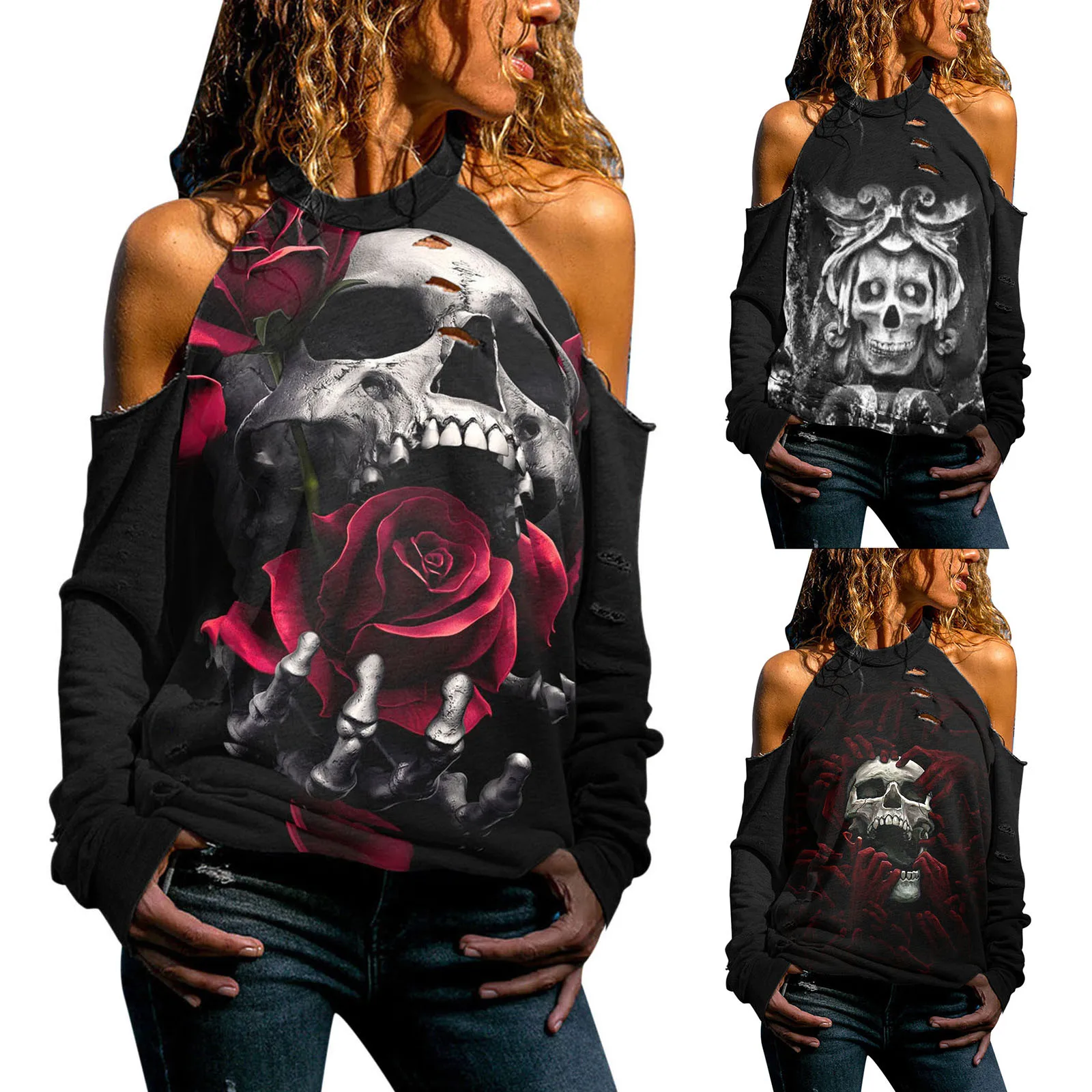 

Halloween Women Long Sleeve Off Shoulder Hollow Out Sexy T-shirt Blouse Tops Skull Printing Daily All-match Sexy Girls Shirt Top