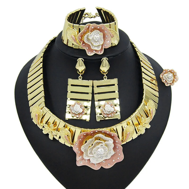 Yulaili, высшее качество, Дубай, золотые ювелирные наборы, очаровательное колье, ожерелье, серьги, браслет, кольцо, свадебный ювелирный комплект