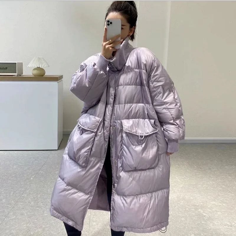 Winter New Women's Korean Style Loose Over The Knee Long Warm Thick Parka Coat Bright Face Down Jacket Women Loose Snow Coat