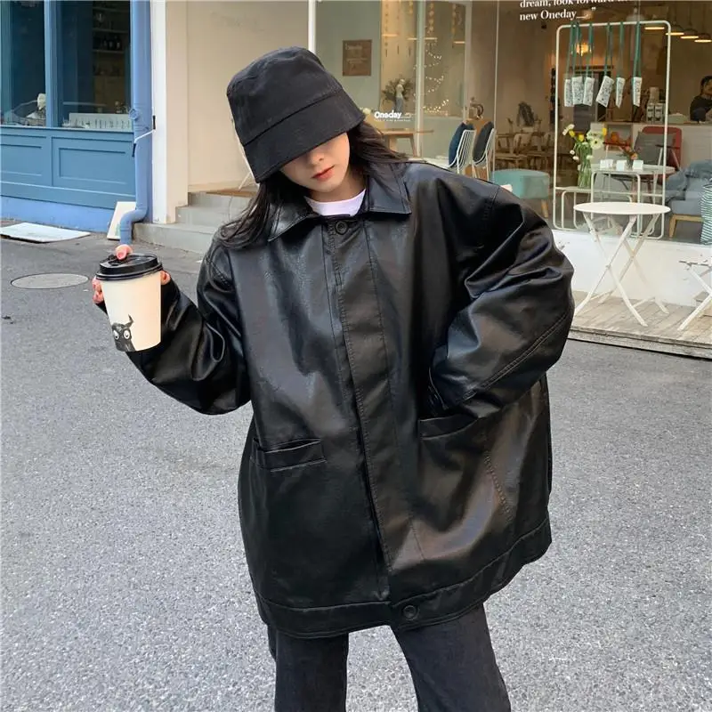 Повседневная черная кожаная куртка для женщин Корейская тонкая свободная