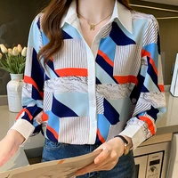 vintage clothes geometric print shirt women 2021 autumn korean style chiffon blouse office long sleeve ladies tops blusas mujer