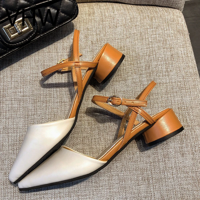 

Women Sandals 2021 Summer Elegant High Heels Closed Toe Mules Square Mid Heel Leather Shoes Fashion Buckle Strap Female Sandals