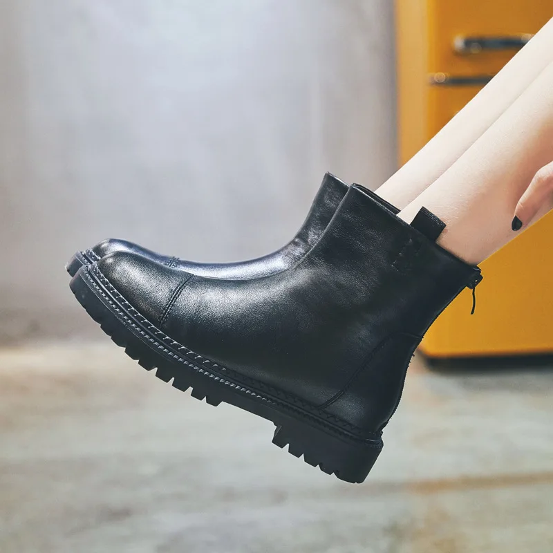 

20019 Autumn New Boots Shoes Women Real Leather Matin Boots Cross-tied Ladies Ankle Boots Front Zipper Female botas mujer Black