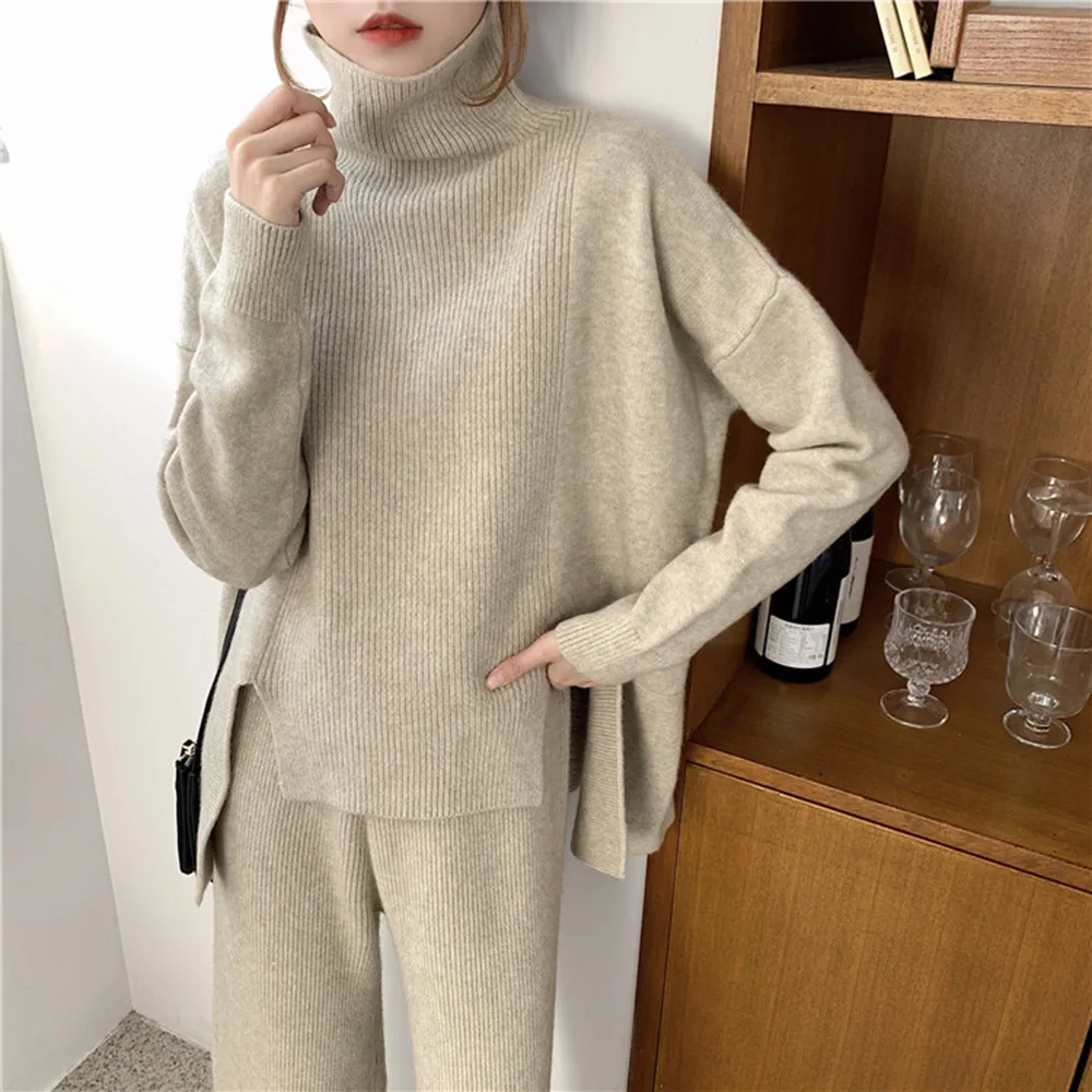 

Two Piece Sets Knitted Suit Women Sweater And Wide Legs Pants Korean Janpanese Spring Simple Basic Knitted Tops Turtleneck Suits