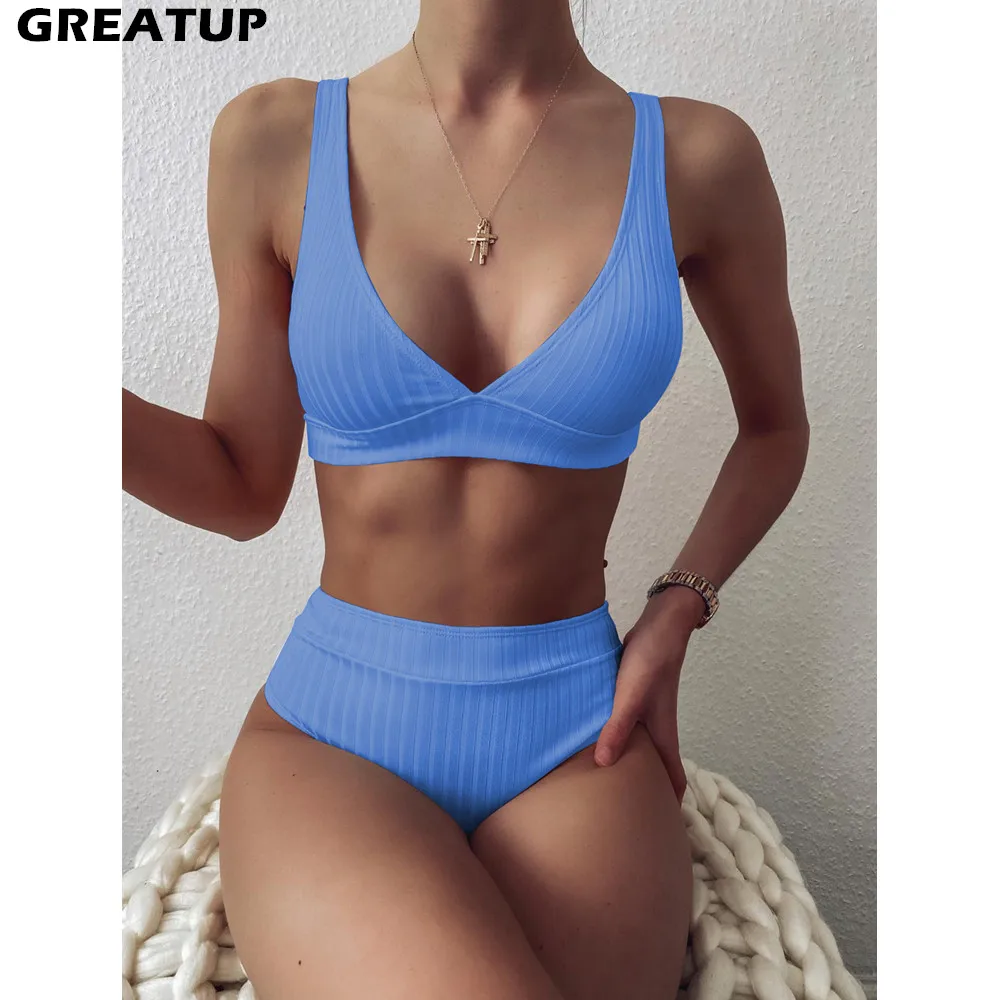 

Женские бикини с V-образным вырезом, сексуальные купальники с высокой талией, однотонная пляжная одежда, ребристая бразильская спортивная о...