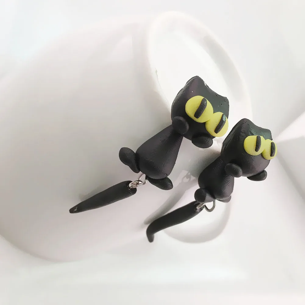 Новый прекрасный ручной работы из полимерной глины 3D черная кошка серьги для
