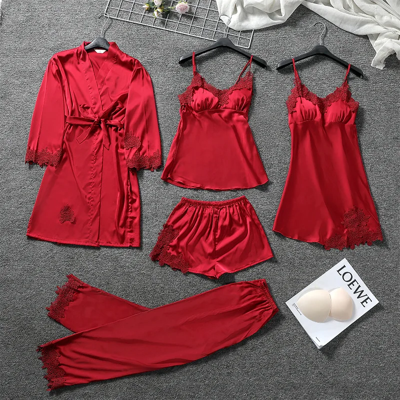 

Autumn 5PCS Pajamas Suit With Belt Female Strap Top&Pant Satin Sleepwear Casual Home Clothes Sexy V-Neck Lace Trim Nightwear