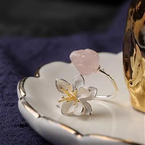 

S925 Sterling Silver Ornament Original Handmade Women's Mori Style Temperamental Index Finger Pink Crystal Open Ended Ring Clean