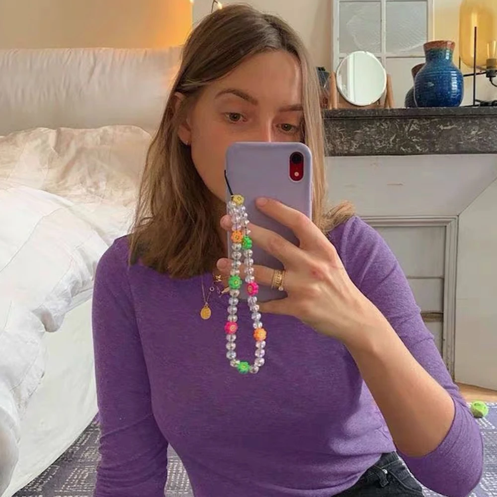 

Colorful Flower Mobile Phone Strap Clear Beads Anti-lost Lanyard Soft Ceramic Charm Hanging Cord Diy Jewelry CellPhone Accessor