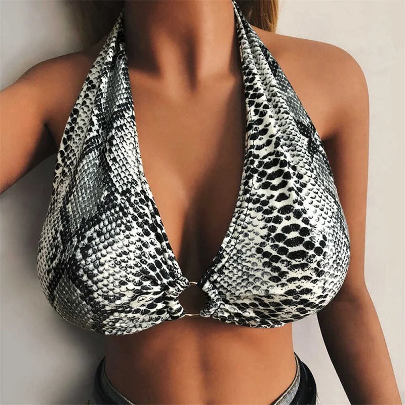 

Fashion Retro Leopard Snake Printed Party Shirt Women Sexy Blackless Lace-Up Bow Deep V-Neck Halter Crop Slim Top Lady Blusa