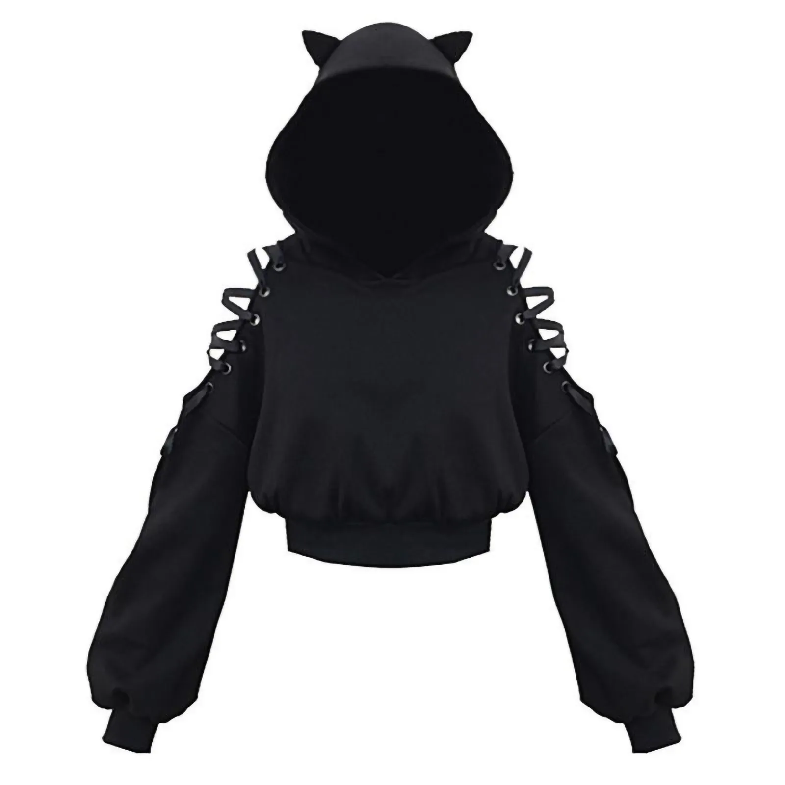 

SAGACE Autumn Hoodies Women's Cat Ear Sweatshirt Solid Long Sleeve Hooded Pullover Cute Lacing Short Blouse Pullover Tops