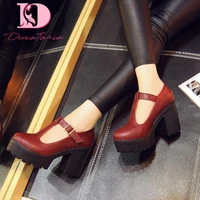 doratasia fashion hot sale ladies square heels round toe pumps solid buckle strap platform pumps women plus size 34 46