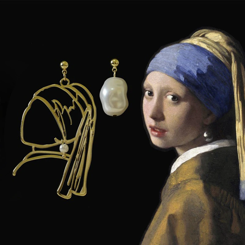 IOY IRENE Long Tassels Portrait Crystal Pearl Drop Earrings For Women Abstract Artist Vermeer Girl With Pearl Earring Jewelry