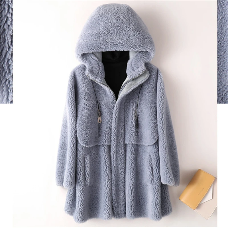 Женское меховое пальто средней длины новинка зима 2019 шерстяное с капюшоном