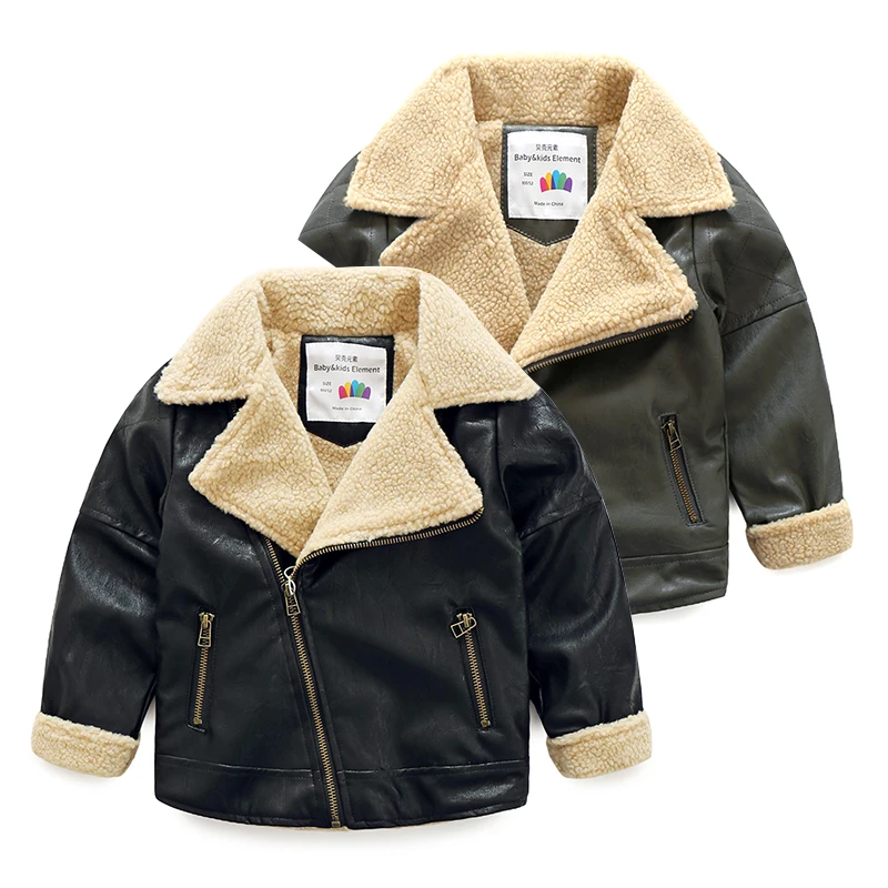 2021 Winter Warm Fashion 3 4 6 8 10 12 Years Black Faux Leather Plus Velvet Thickening Zipper Jacket Outwear For Kids Baby Boy