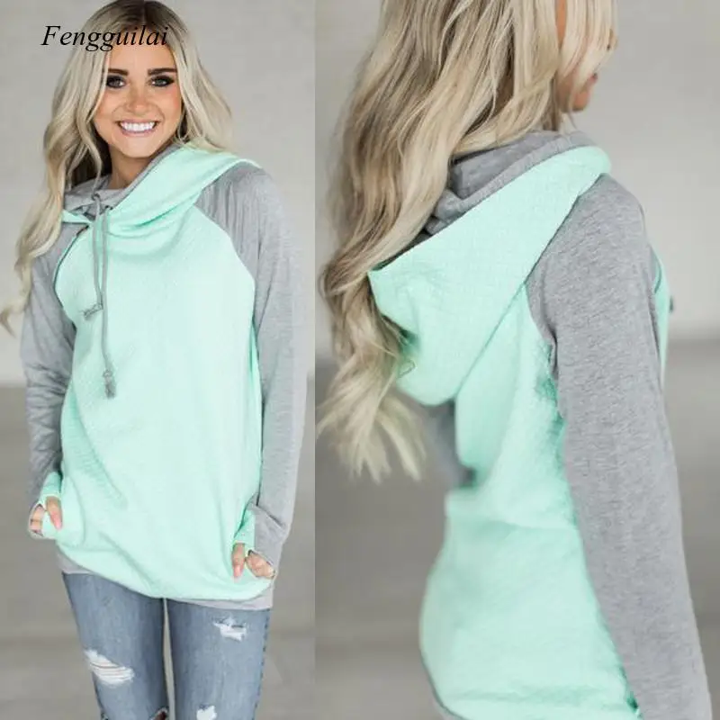 

Autumn Hooeded Sweatshirt Women Patchwork Long Sleeve Pullover Streetwear Pocket Cotton Blend Hoodies