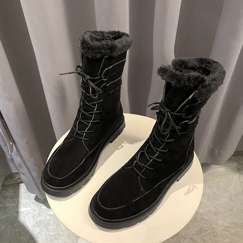 Black ERNESTNM/зимние сапоги; модная женская обувь из коровьей замши на плоской подошве с круглым носком; теплые меховые сапоги; зимние сапоги на платформе; Zapatos De Mujer - Цвет: Black