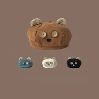 cute korean womens hat embroidered button bear ears corduroy landlord hat autumn and winter warm melon leather hat beanie beret