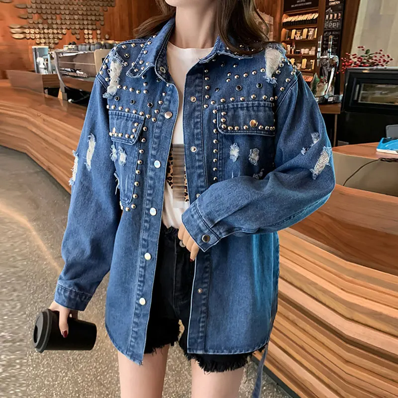 Женская куртка и пальто Весенняя Повседневная джинсовая с бусинами ремнем
