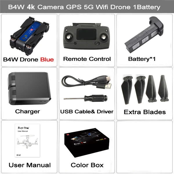 Blue 4K 1BAT BX MJX Bugs 4W B4W gps Радиоуправляемый Дрон с камерой 4K HD бесщеточный Дрон складной 5G wifi FPV Квадрокоптер 1,6 км 25 минут оптический поток - Цвет: Blue 4K 1BAT BX