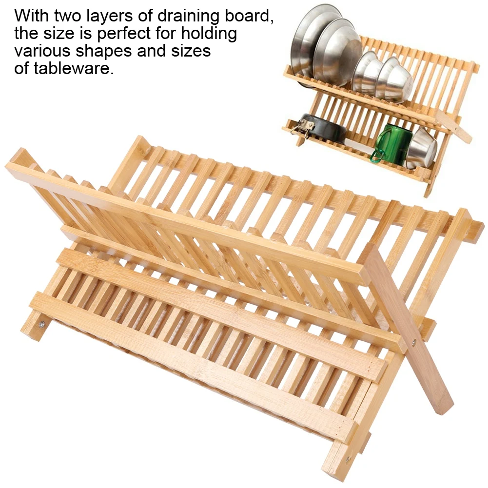 

2-х слойная бамбуковая Складная сливная стойка, складная бамбуковая сливная стойка для кемпинга, портативная стойка для хранения для пикник...