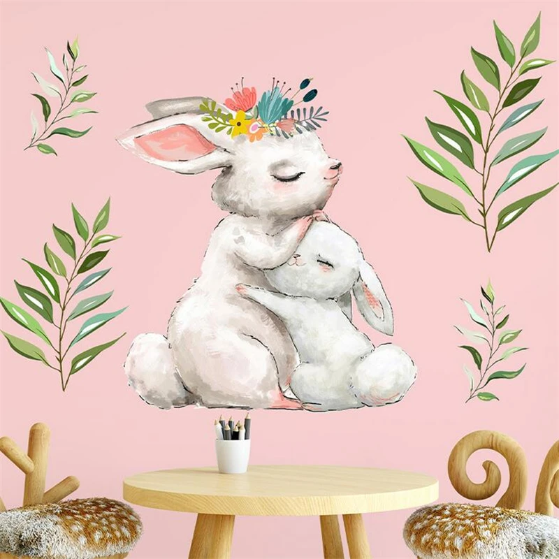 Милые наклейки на стену с кроликом для детской спальни гостиной, настенные виниловые наклейки, животные, натюрморт, живопись