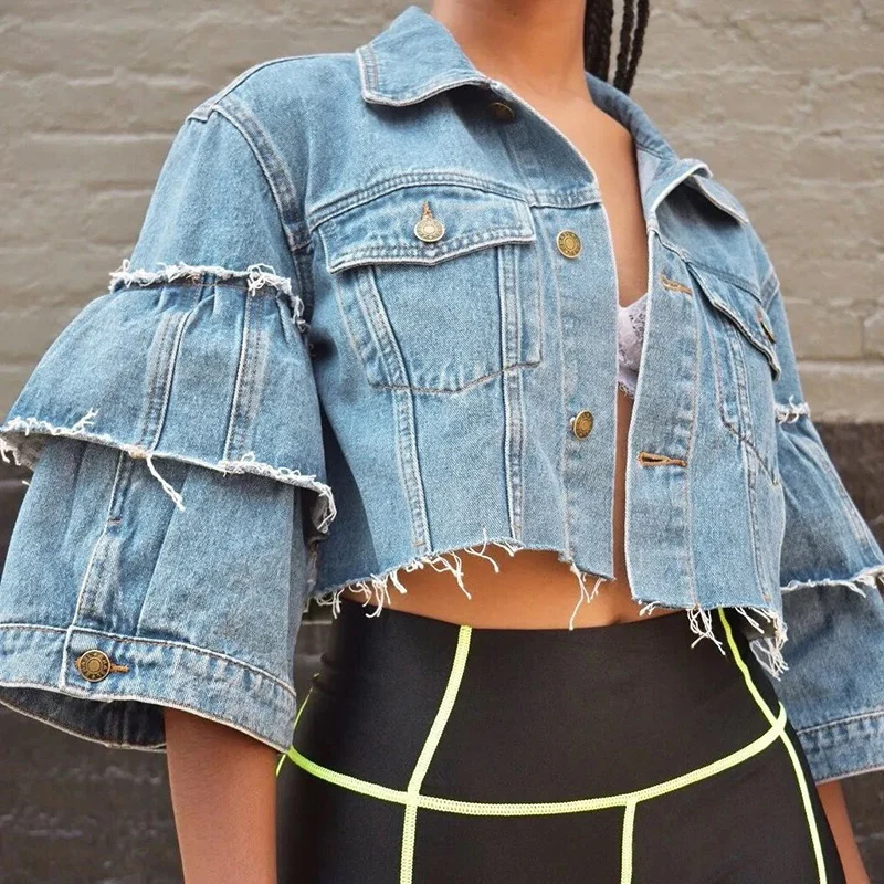 Модная короткая джинсовая куртка женское рваное джинсовое пальто в стиле