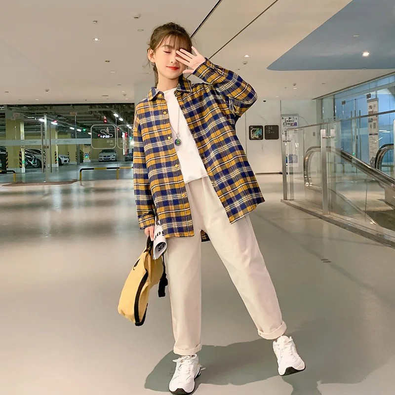 

Spring Fall New Shirts For Girls Vintage Plaid Turn-down Collar Single-breasted Casual Shirt Children Cotton Long Sleeve Top 10Y