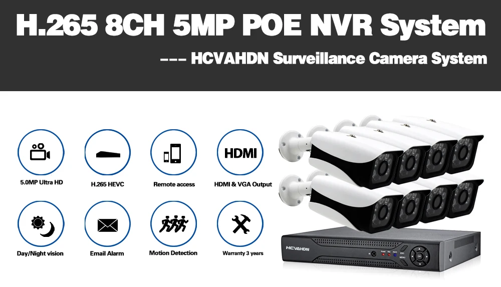 HCVAHDN 8CH комплект для камеры видеонаблюдения HD 5MP цилиндрическая POE ip-камера Водонепроницаемая наружная система ночного видения видеонаблюдения HDMI и VGA