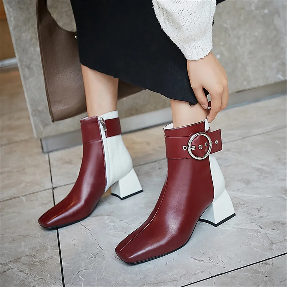 

Drestrive Full Genuine Leather Women Ankle Boots Mid Thick Heels 6 cm Zipper Buckle Square Toe Pigskin Lining Female Spring Shoe