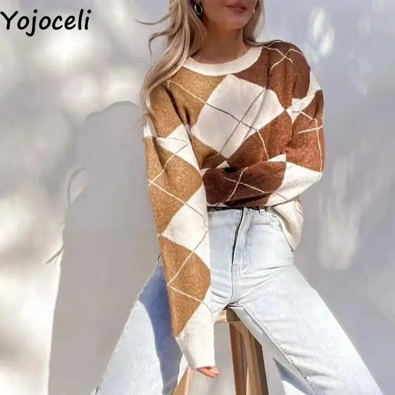 

Yojoceli Autumn geometric knitted women pullover Winter warm wave jersey jumper Sweater casual fashion knitting jumper
