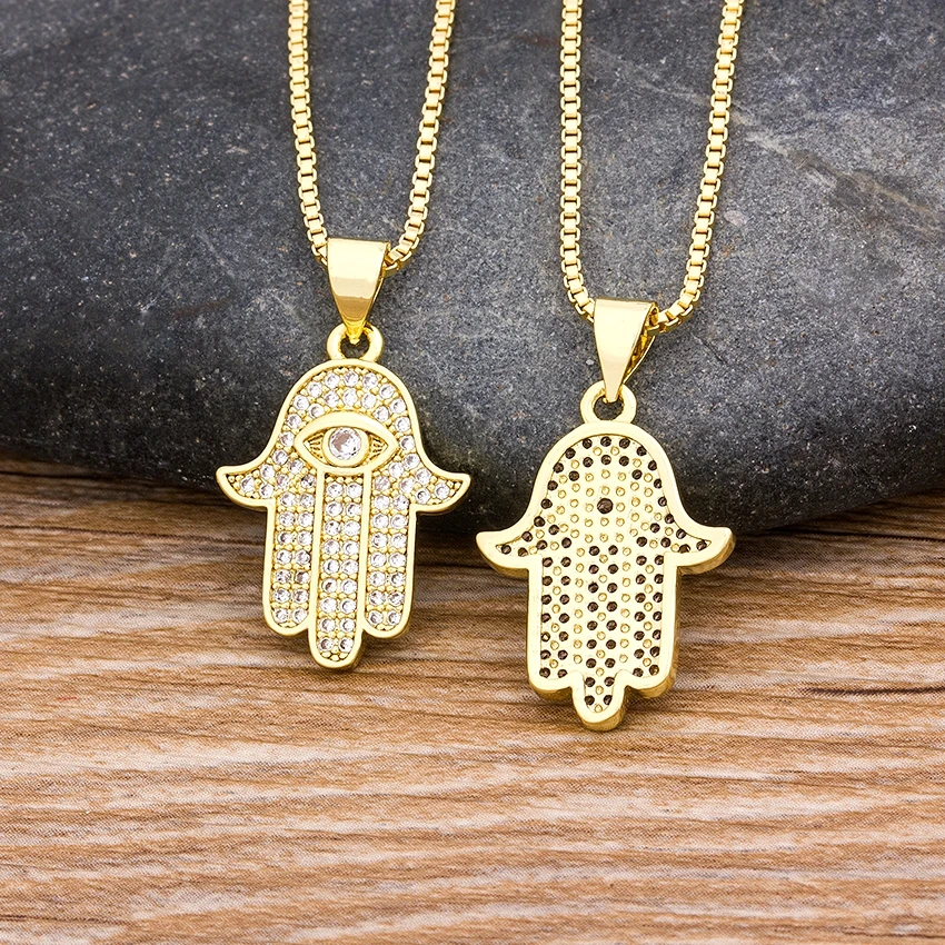 

Hot Sale Women Men Hamsa Hand Necklace Gold Color Copper Zircon Evil Eye Pendant & Chain Hip Hop Turkish Luck Jewelry