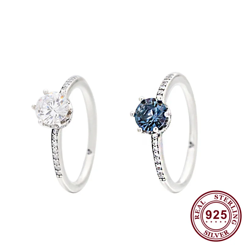 

Original 925 Sterling Silver Pan Ring Blue Sparkle Crown With Large Crystal Cz Ring For Women Wedding Party Gift Fashion Jewelry