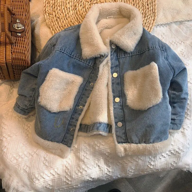 

Faux lamb fur girls denim jacket 2021 new children's fall/winter plus velvet padded jacket baby winter children's clothing