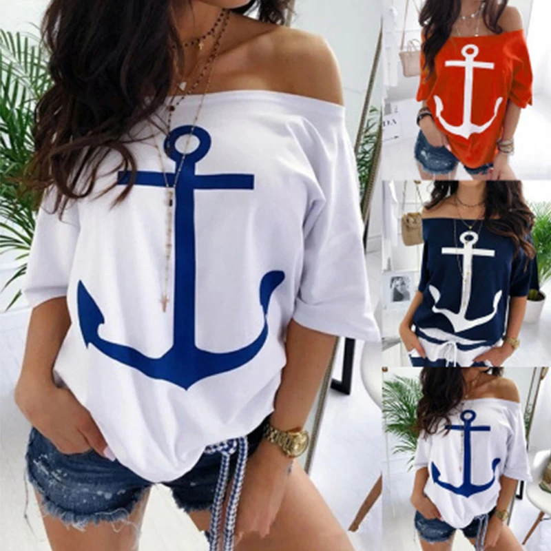 Women Anchor Print Loose T-shirt Summer Slash Neck Tees Casual Batwing Sleeve Tops T-shirts Plus Size | Женская одежда