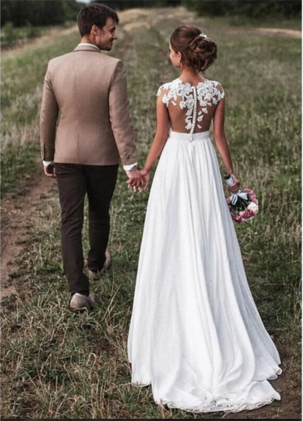 

Bridal Beach Lace Appliques Bride Dress New Cap-Sleeves Illusion Slit Side Buttons White/Ivory Wedding Dresses 2019