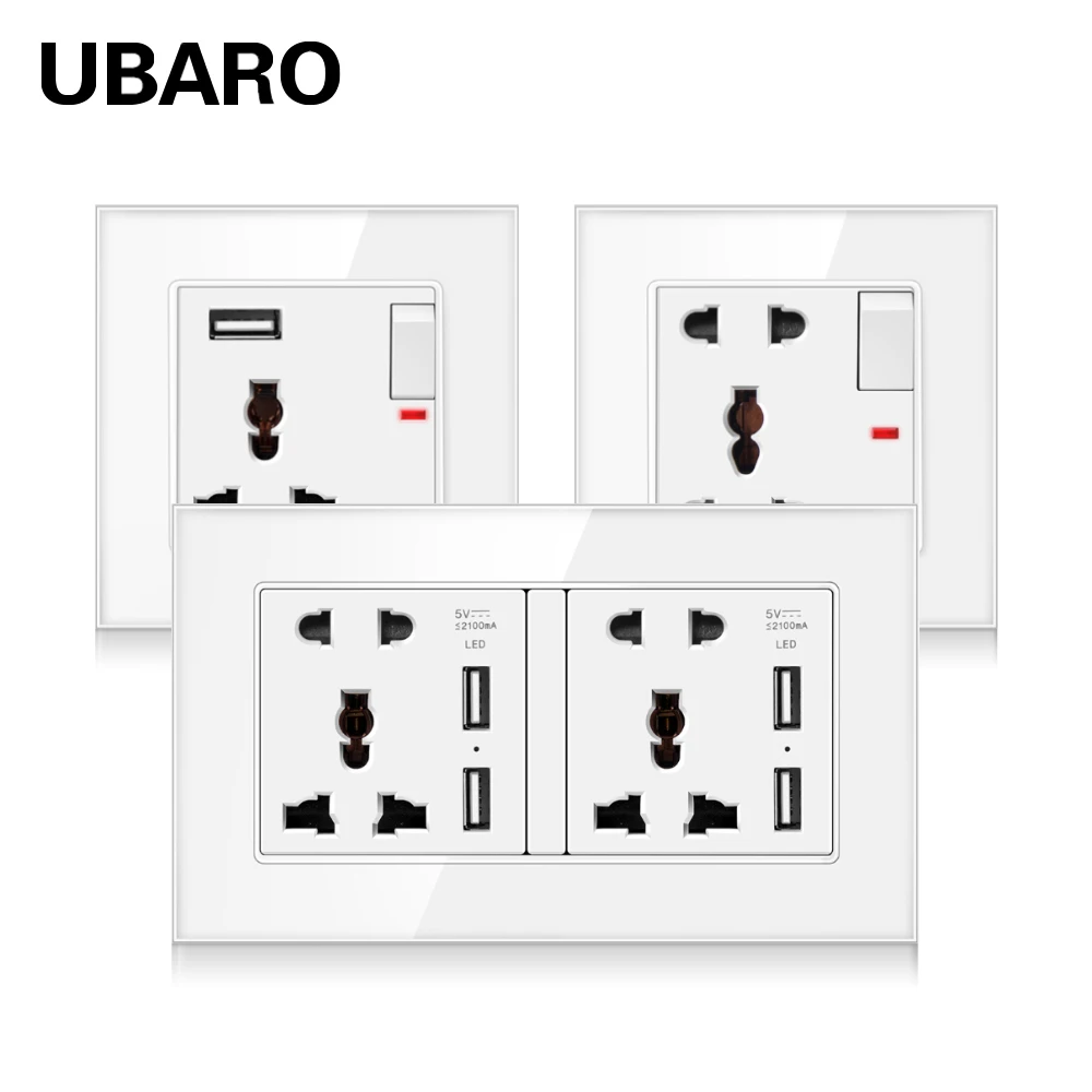 

UBARO Universal Standard 13A Tempered Crystal Glass Panel Wall Socket Power Outlet Electrical Plug Usb 5V 2100mA Ac110-250V
