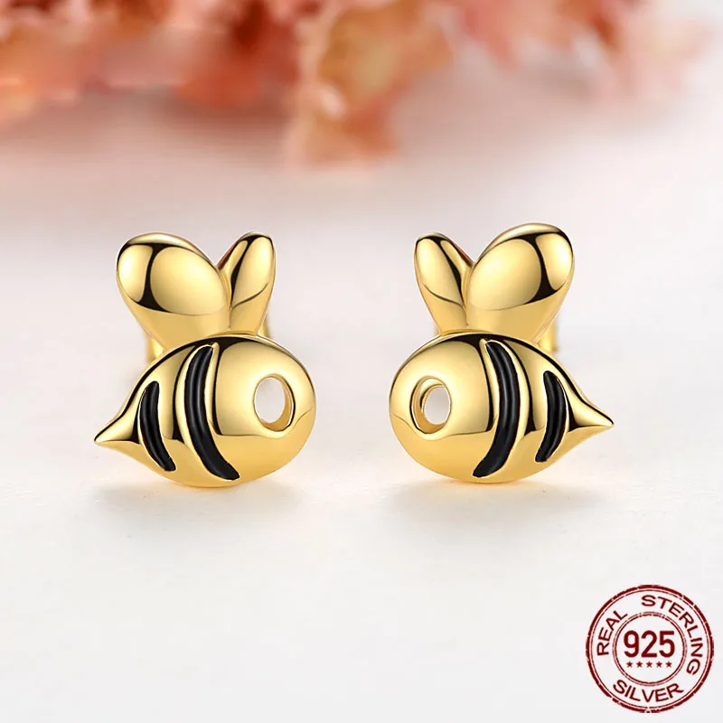 TONGZHE Genuine 925 Sterling Silver Honey Bee Earring For Women Stud Earrings Gold Color Cute Animal Cool Jewelry Gift KLTE106-1 | Украшения