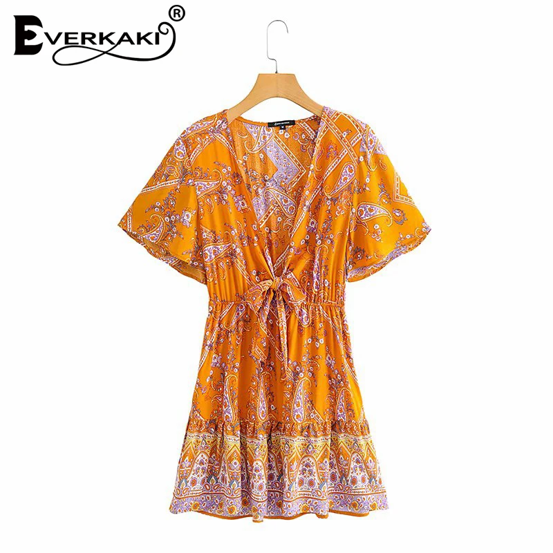 

Everkaki Mini Dress Women Bow Tied V Neck Boho Print Vestidos Summer Beach Ladies Vacation Loose Plus Dresses Female 2021 New