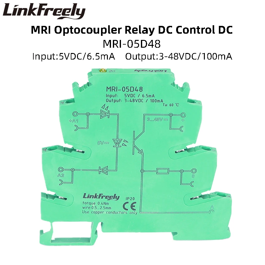 

MRI-05D48 Input 5VDC Optocoupler Isolating DIN Rail Interface Relay SSR Lighting Control Solid State Relay DC DC Output 3-48VDC