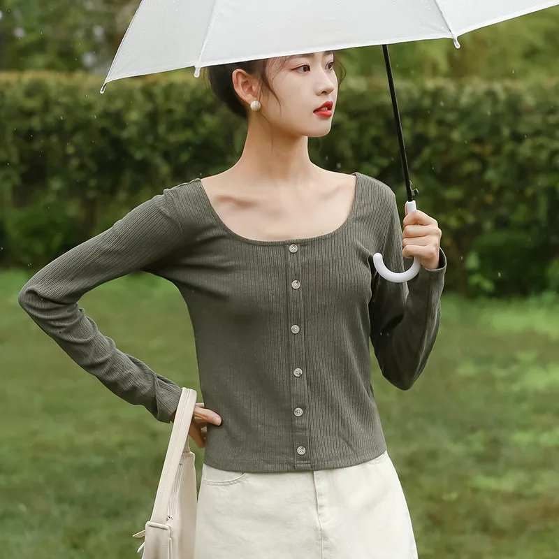 Женская Базовая футболка однобортный однотонный пуловер с квадратным вырезом в