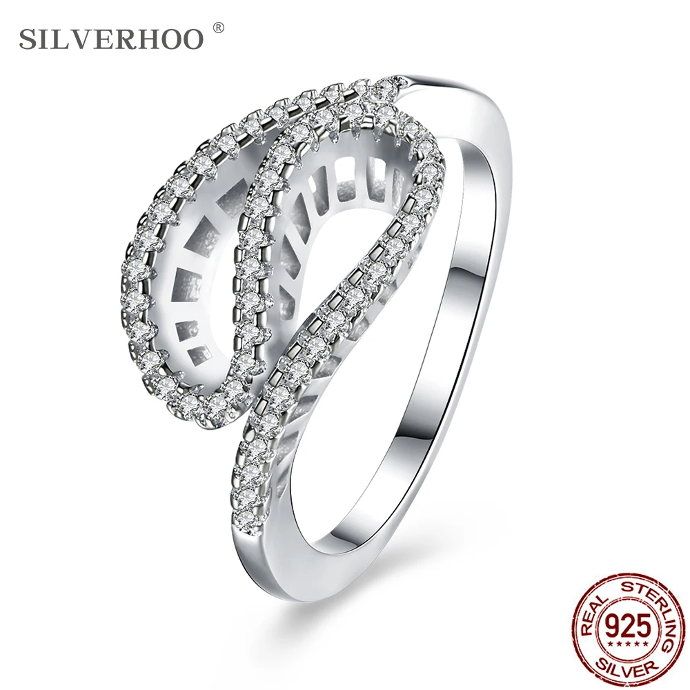 

SILVERHOO 925 Sterling Silver Rings For Women Personality Minimalist Irregular Linear Zircon Ring Fine Jewelry Party Accessories