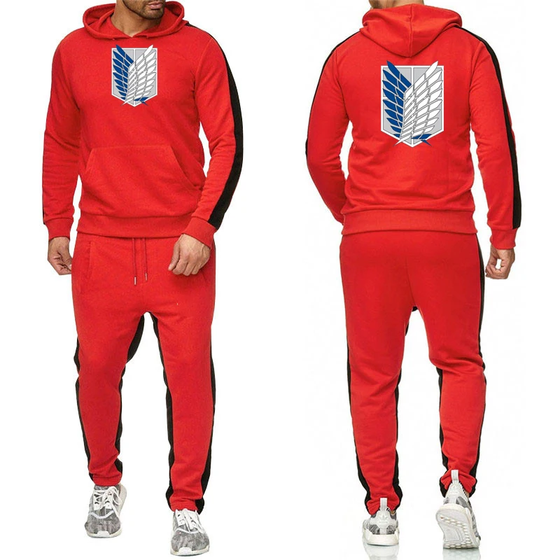 

2020 Mens Attack on Titan 2 Pieces Sets Tracksuit Hooded Sweatshirt+pants Pullover Hoodie Sportwear Suit Casual Mans Clothes